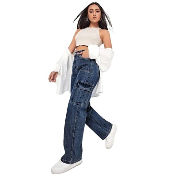 NEW - SHEIN EZwear High Waist Cargo Jeans, Dark Wash – Size XS (US 2) - Picture 4 of 12